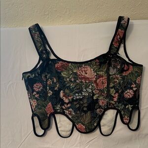 Floral Structured Corset Top - Black with Rose Print